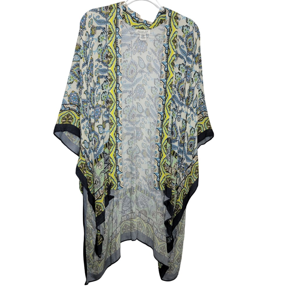 Rachel Zoe Womens One Size Paisley Kimono Cardigan Open Front Blue Yellow